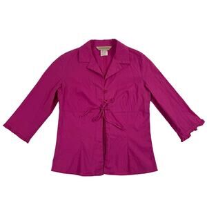 Y2K Hot Pink Sculpted Button-Up Shirt Front Tie Frill Sleeves Mid-Drift Medium